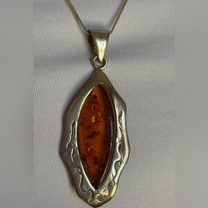 Sterling Silver Amber Pendant Necklace - Warm Honey Amber. Boho